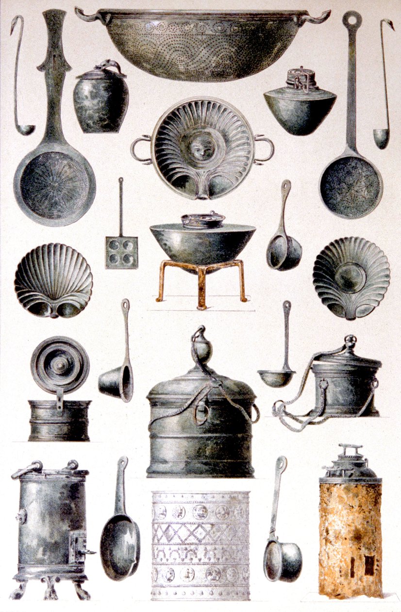 Ruoanlaittovälineiden jäljennös, teoksesta The Houses and Monuments of Pompeii, Fausto ja Felice Niccolini, osa IV, Täydennys, levy XVII tekijältä Fausto and Niccolini Felice Niccolini