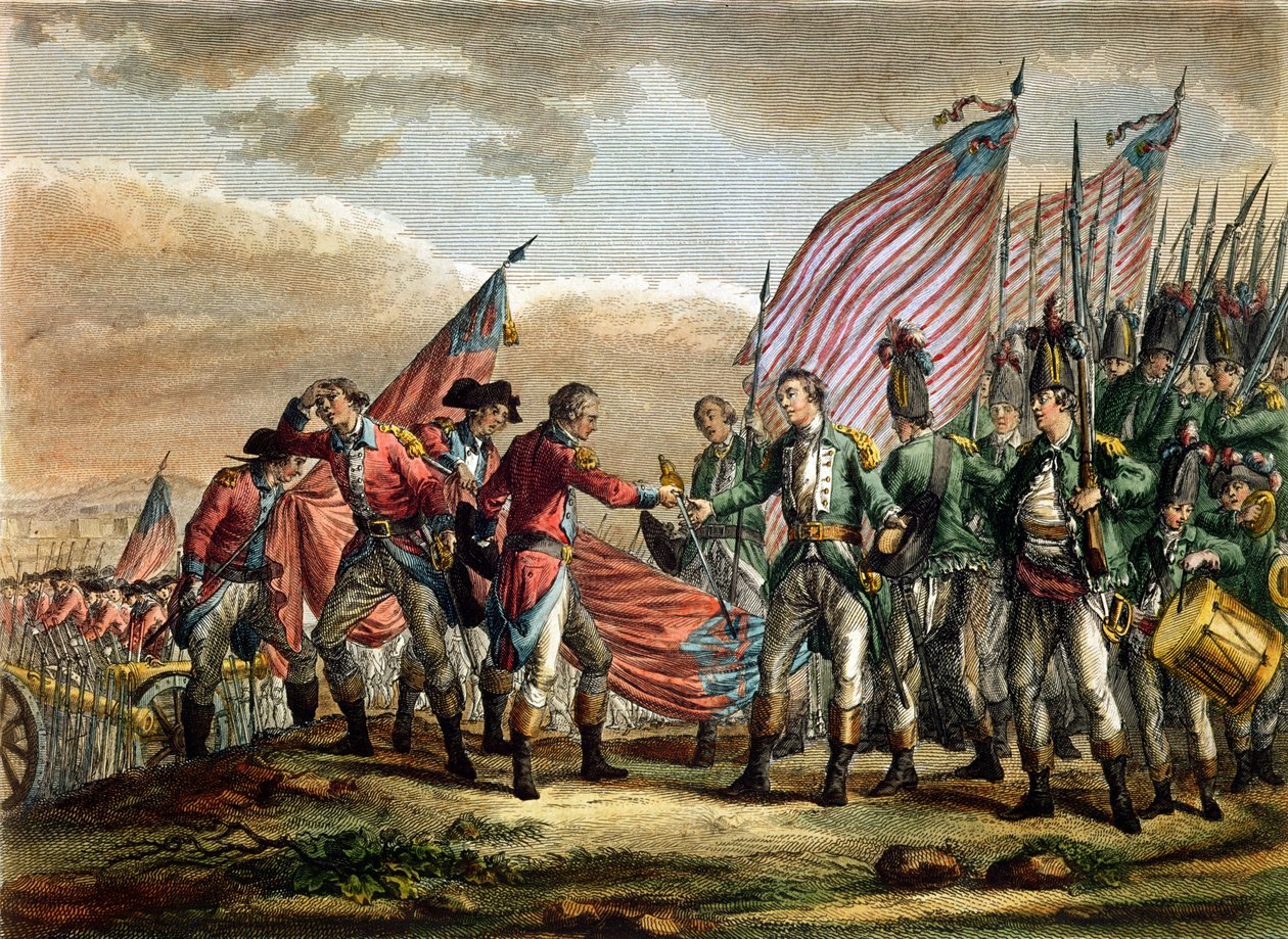 Kenraali John Burgoynen antautuminen Saratogan taistelussa, 7. lokakuuta 1777, kaiverrus Godefroy tekijältä Fauvel