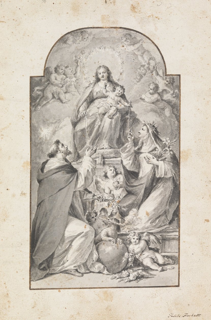 Suunnittelu alttarimaalaukselle- Saint Dominic ja Saint Catherine of Siena vastaanottavat rukousnauhan ... tekijältä Fedele Fischetti