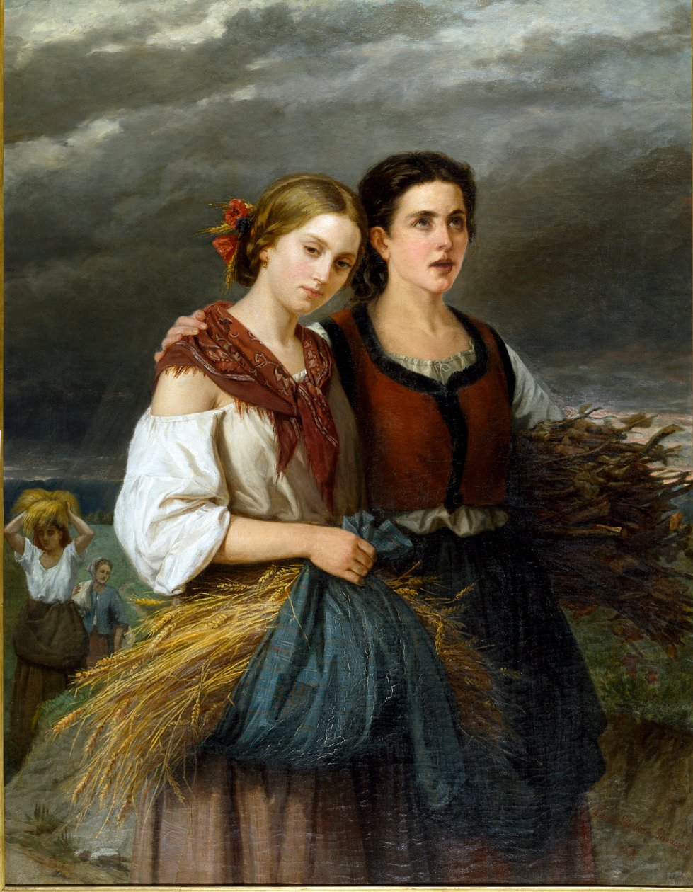 Peltojen paluu Kaksi nuorta talonpoikaa, jotka pitävät vehnäntähkiä esiliinassaan, seisovat yhdessä. Federica Giuliano Gervasonin (1838-1915) maalaus 1863 su. 135x105 cm Genes Nervi, Galleria d