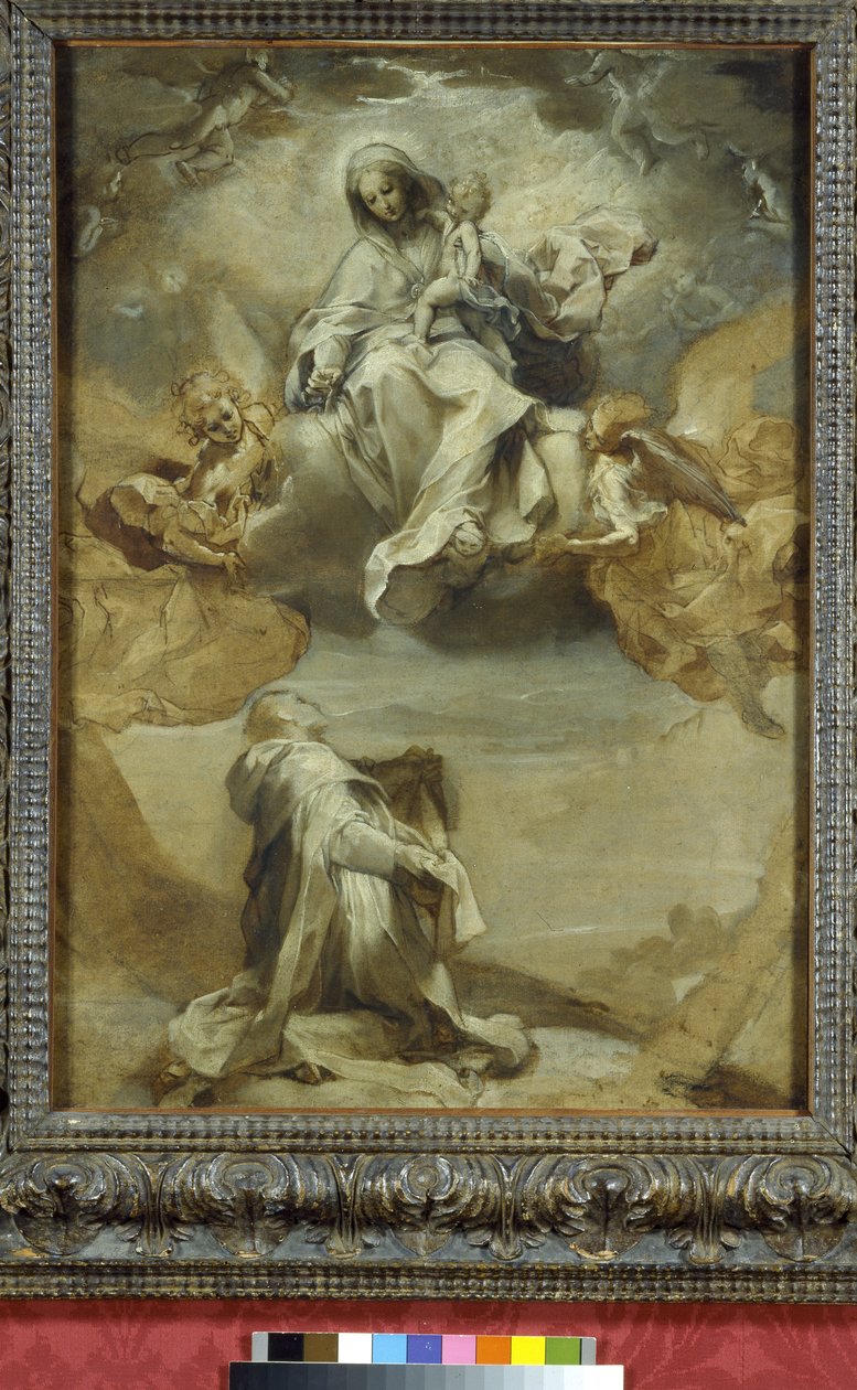Pyhä Dominic vastaanottamassa ruusukon, 1500-luku (sekoitettu media paperille) tekijältä Federico Barocci