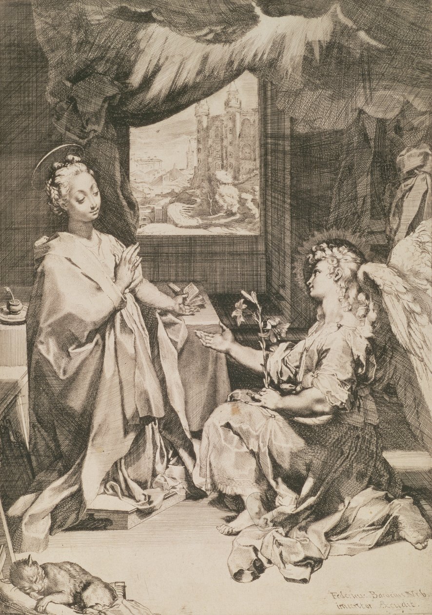 The Annunciation, n. 1581 (kuivakärki pistekaiverruksella) tekijältä Federico Barocci