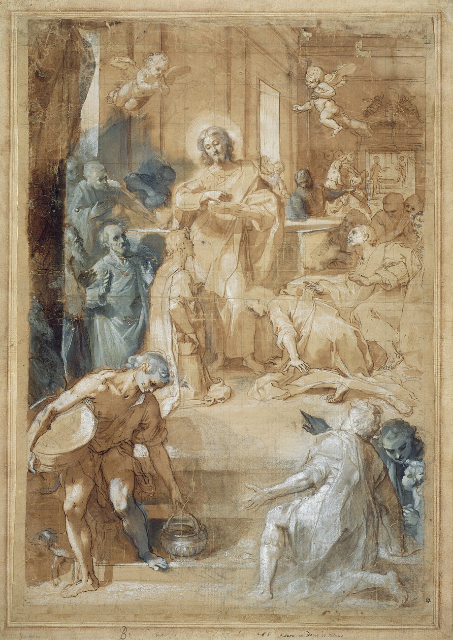 Eukaristian instituutio, n. 1603 (muste pesuaineella, musta liitu ja grisaille-öljy paperille) tekijältä Federico Barocci