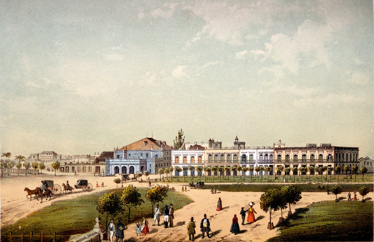 Teatro de Tacon ja osa Paseo de Isabel II:ta nähtynä Monseratten portilta, 1840 tekijältä Federico Mialhe