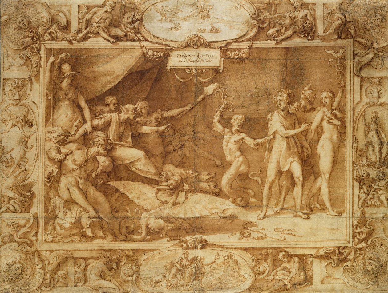 Apolloa johdetaan harhaan, n. 1572 (kynä ja muste pesulla kuultopaperilla lyijykynän päällä) tekijältä Federico Zuccaro