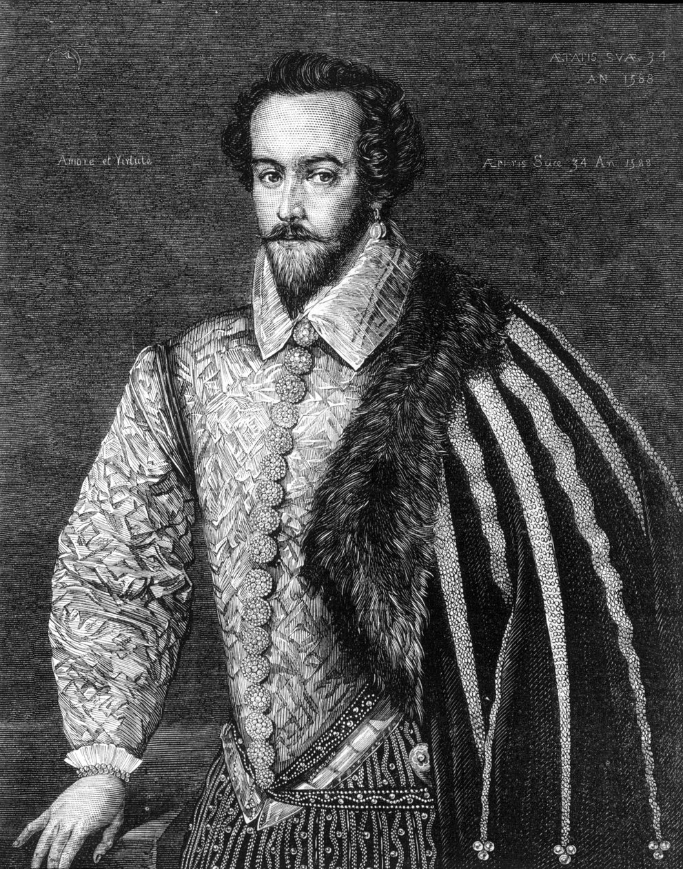 Muotokuva Sir Walter Raleighista (1554 - 1618), englantilaisesta navigaattorista, hovimiehestä ja kirjailijasta. Kaiverrus Federico Zuccarolle (tai Zuccarille) (1549 - 1609) vuodelta 1588 kuuluvan maalauksen jälkeen. tekijältä Federico (after) Zuccari or Zuccaro