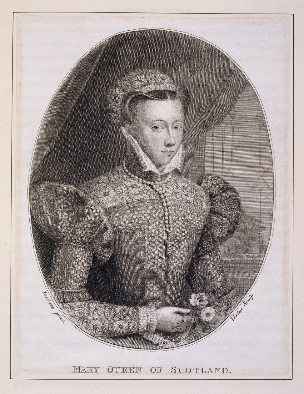 Mary Queen of Scots (1542-87), kaiverrus George Vertue (1684-1756) (kaiverrus) tekijältä Federico (after) Zuccaro