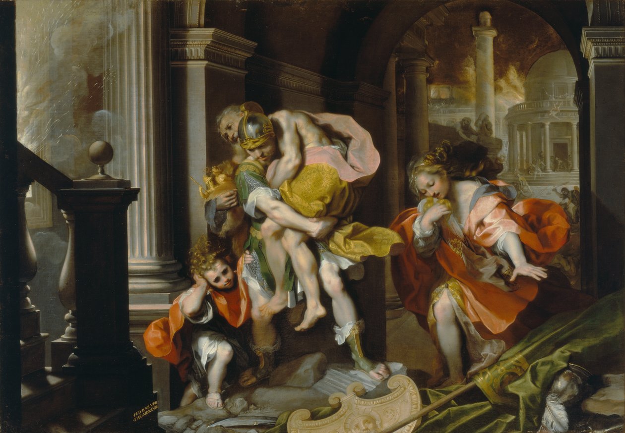 Aeneas ja Anchises pakenevat Troijasta, n. 1587 (kynä & mustetta ja öljyä valkoisella korosteella) tekijältä Federico Fiori Barocci or Baroccio
