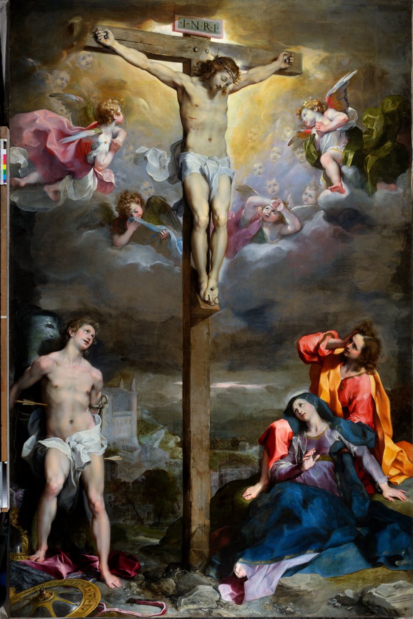 Kristuksen ristiinnaulitseminen Neitsyt Marian, Pyhän Johannes evankelistan ja Pyhän Sebastianin kanssa tekijältä Federico Fiori Barocci or Baroccio