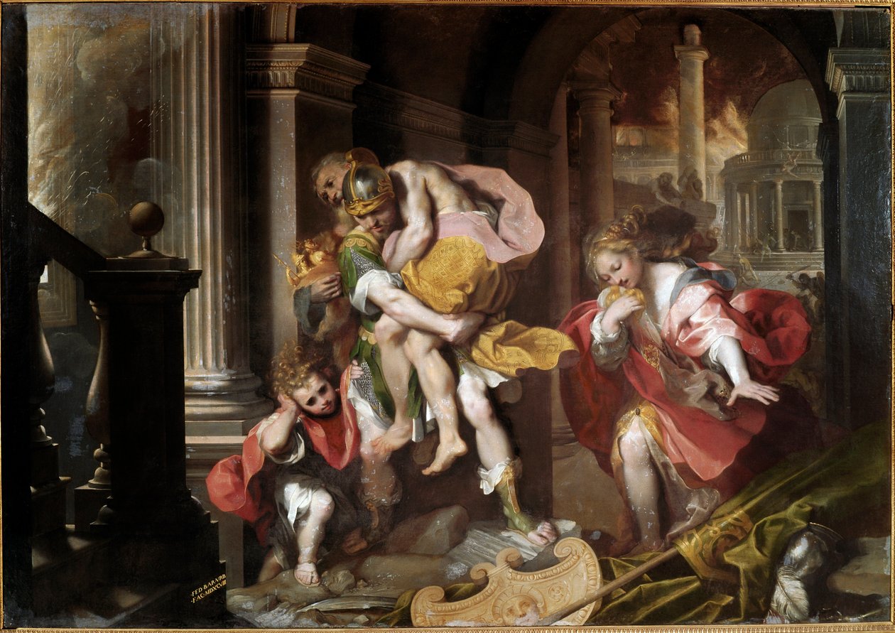 Enee kantaa olkapäillään isäänsä Anchisea ja pakenee Federico Fiori dit il Baroccin (1528/35-1612) Troijalaisen maalauksen tulta 1598 su. 179x253 cm Rooma, Galleria Borghese tekijältä Federico Fiori Barocci or Baroccio