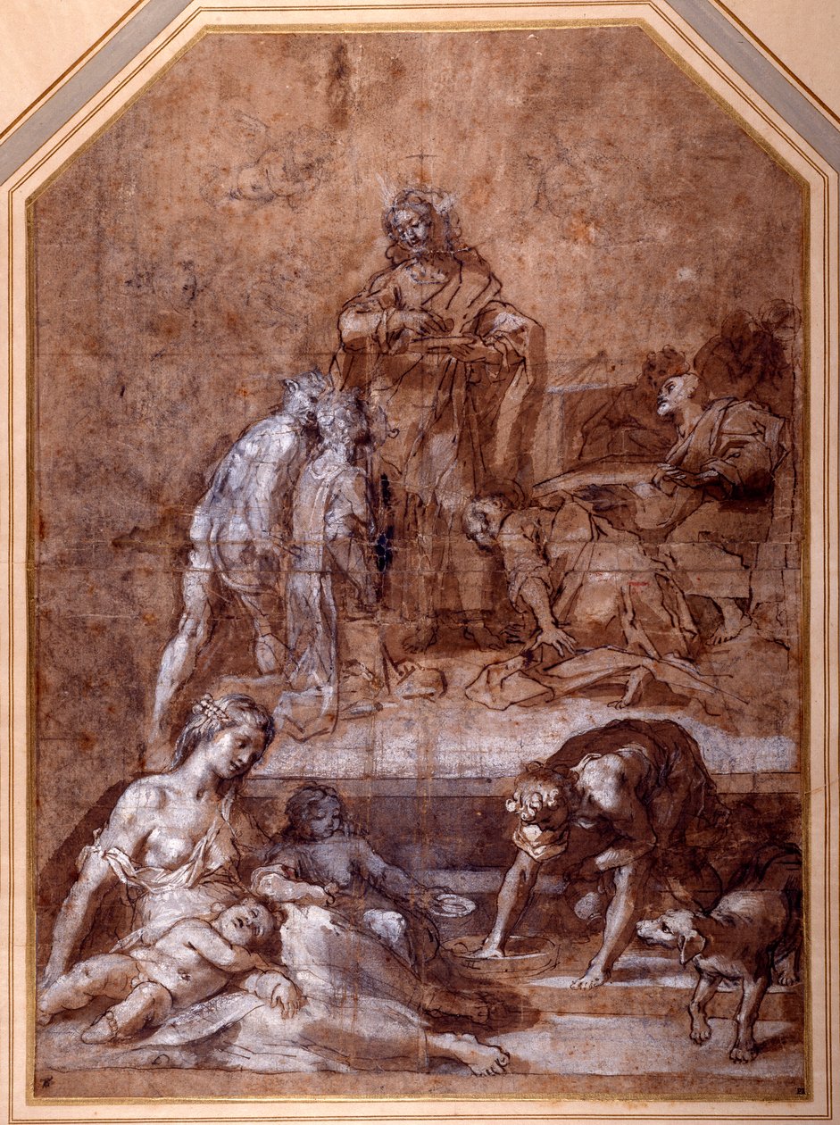 Uskonnollinen allegoria, Mannan kerääminen ja ehtoollisen viettäminen (tussi ja liitu, tussi ja liitu ja pesu, korotettu valkoisella paperille). tekijältä Federico Fiori Barocci or Baroccio