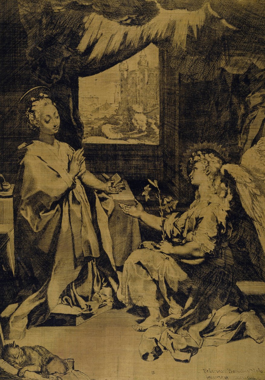Annunciation (etsaus, kaiverrus ja kuivakärki keltaiseen silkkitaftiin) tekijältä Federico Fiori Barocci or Baroccio