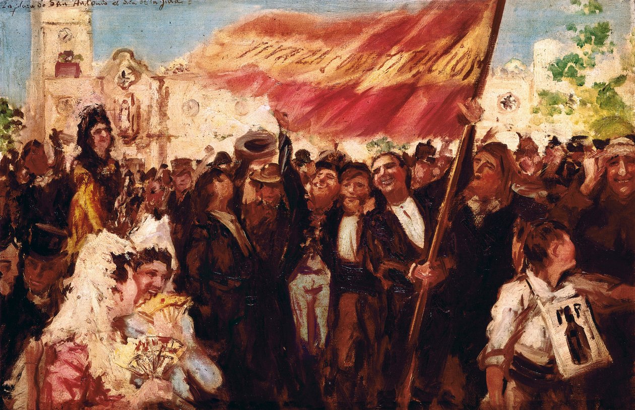 Plaza San Antonio de Cadiz vuoden 1812 perustuslain valan päivänä (öljy kankaalle) tekijältä Federico Godoy y Castro