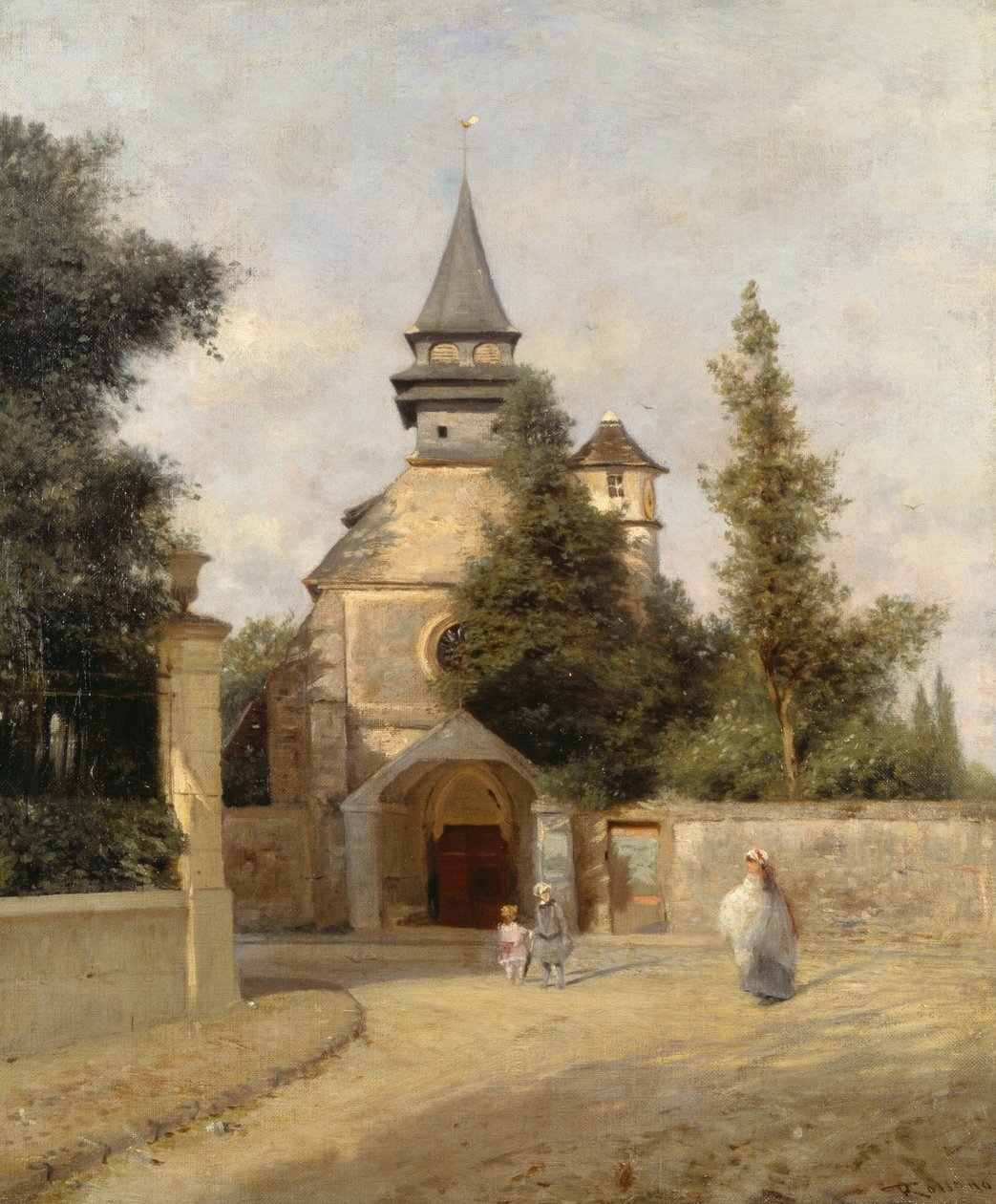 Lapset kirkon ulkopuolella, Federico Rossano (1835-1912), öljy kankaalle, 46,5x38 cm tekijältä Federico Rossano