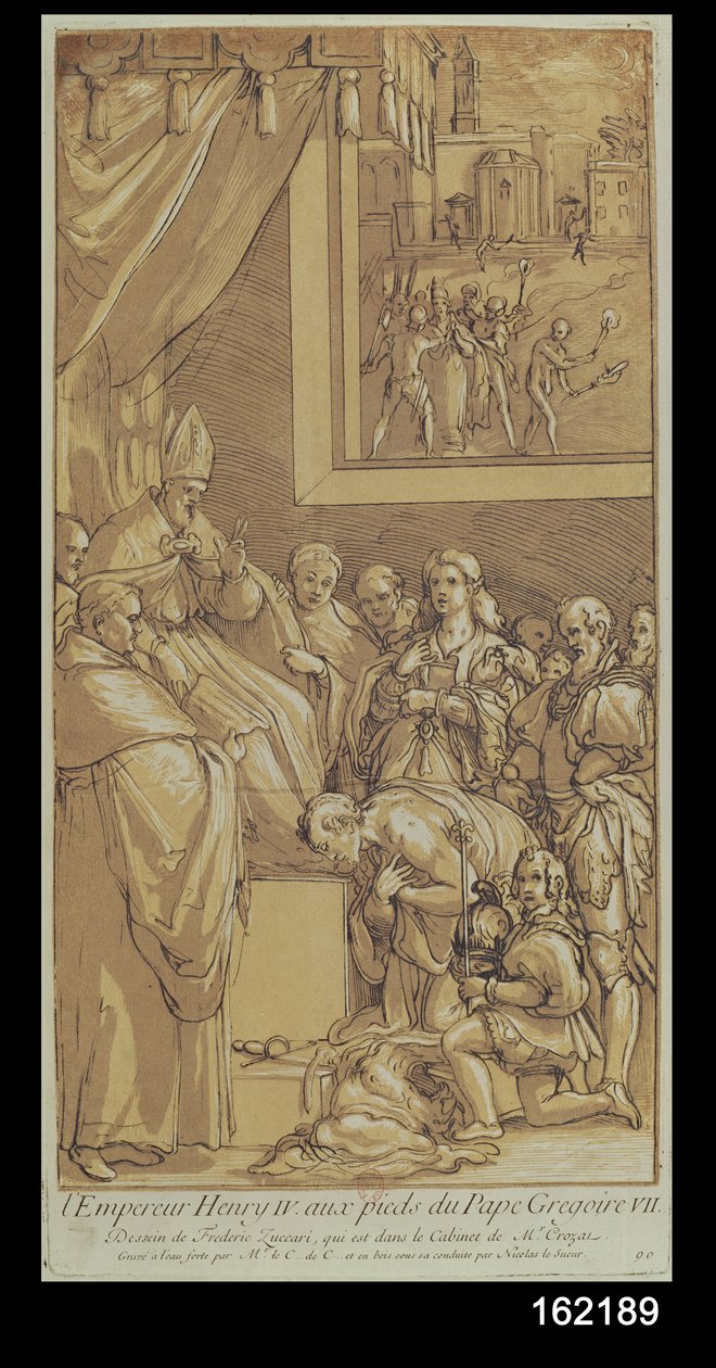Keisari Henri IV (1050-1106) paavi Gregorius VII:n (1020-85) jaloissa Nicolas Le Sueurin (1691-1764) kaiverruksella tekijältä Federico Zuccari or Zuccaro