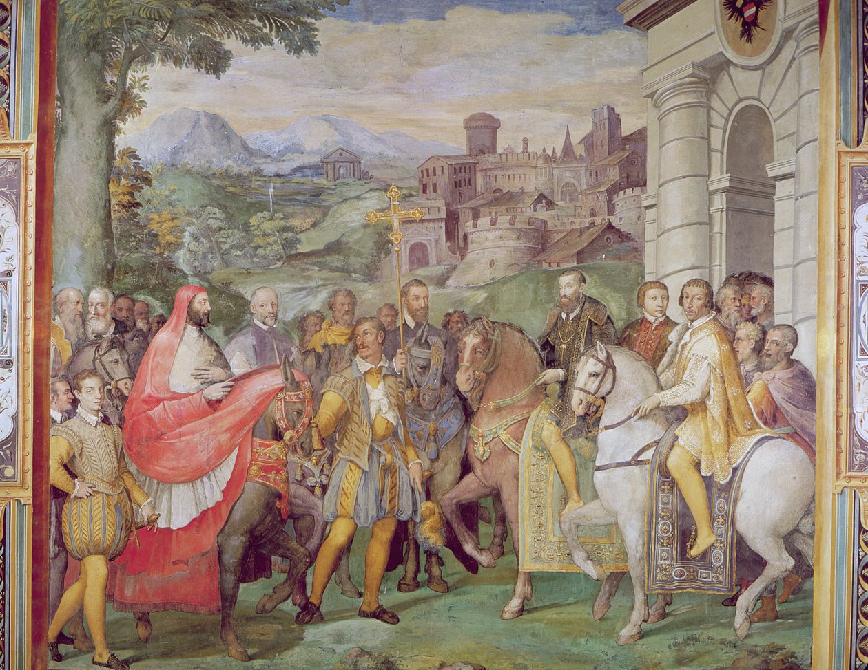 Kaarle V (1500-58) ja Alessandro Farnese (1546-92) Wormsissa Sala dei Fasti Farnesen loisteliaiden salista, 1557-66 (ks. 95812). tekijältä Federico Zuccaro
