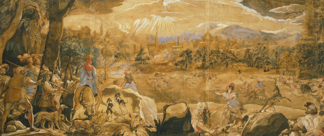 Metsästyskohtaus kuvitteellisella Firenzellä, kirjoittanut Federico Zuccaro (noin 1540-1609) tekijältä Federico Zuccaro