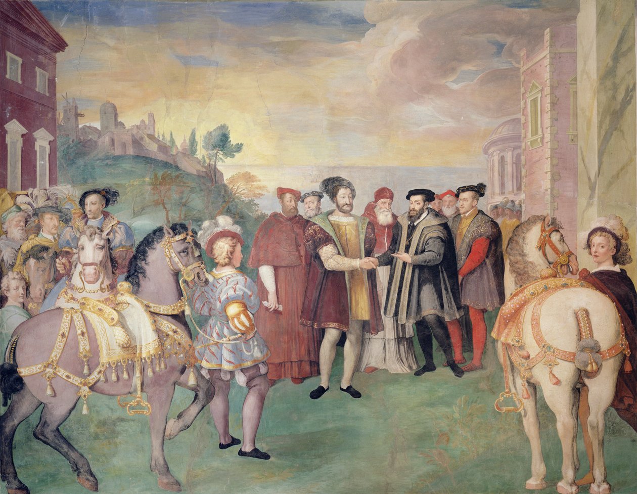 Francois I:n ja keisari Kaarle V:n välinen Nizzan rauhan vuonna 1538, keskellä paavi Paavali III Farnese, valittu vuonna 1534. tekijältä Federico Zuccaro