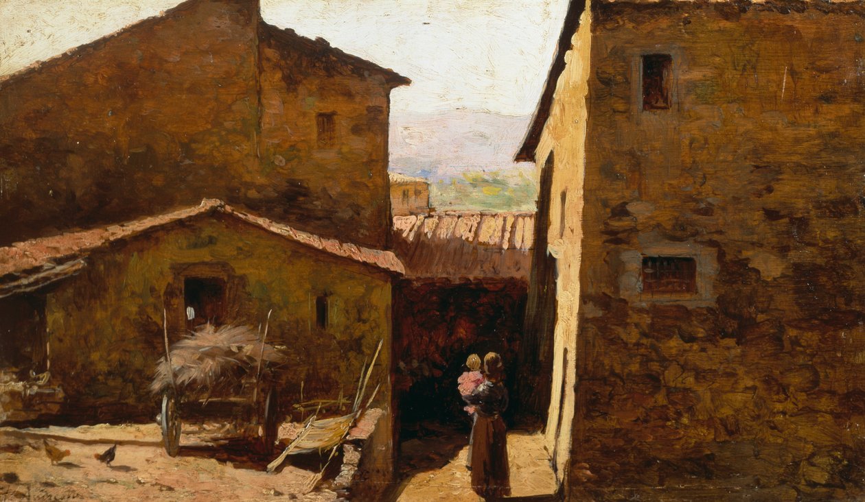 Maalaismaisia toscanalaisia maalaistaloja, Federico Andreotti (1847-1930), öljy paneelille tekijältä Federigo Andreotti