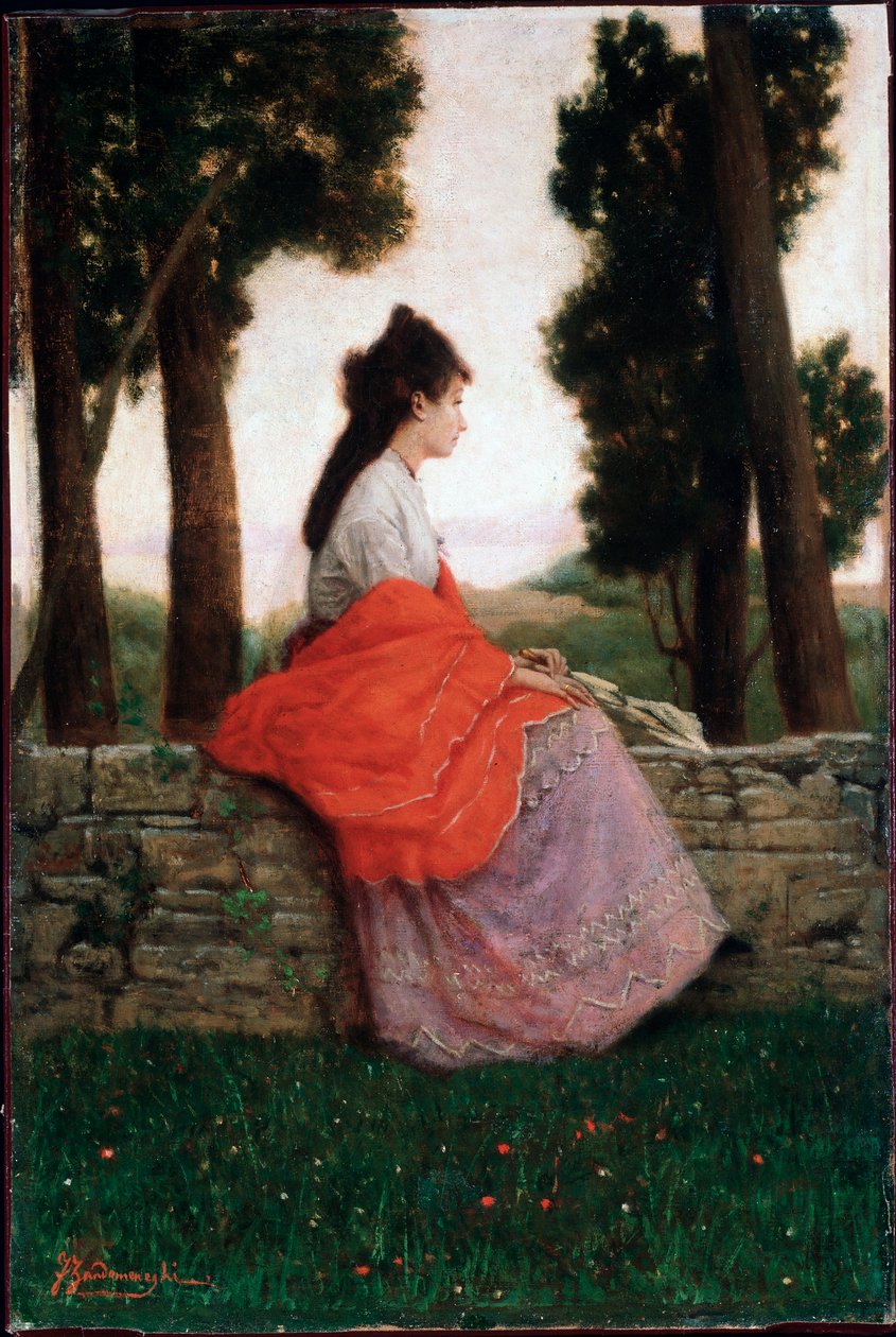 Nuori nainen odottaa jotain, istuu pienellä seinällä - Federico Zandomeneghin (1841-1917) maalaus Yksityinen kokoelma tekijältä Federigo Zandomeneghi