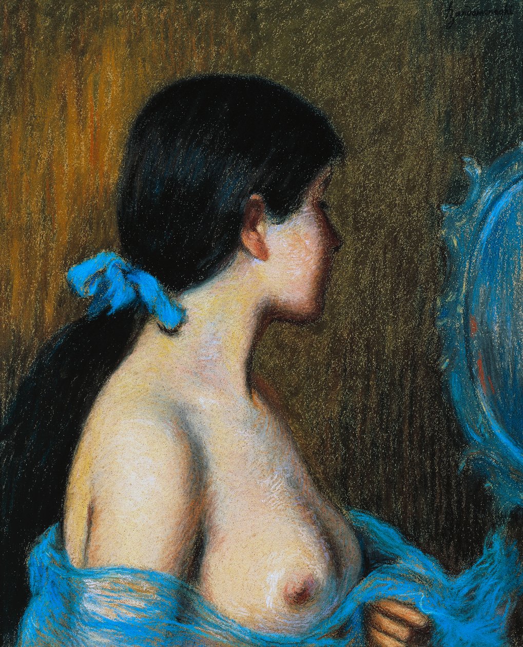 Nuori nainen peilin ääressä, Federico Zandomeneghi (1841-1917), pastelli kankaalle kiinnitettynä paperille, 46x38 cm tekijältä Federigo Zandomeneghi