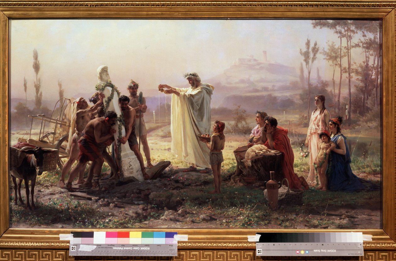 Muinainen Kreikka: ""Hermeksen kunnianosoitus seremonia"" Feodor Andrejevitš Bronnikovin (1827-1902) maalaus 1874 Koko 70x123 cm Valtion Tretjakovin galleria Moskova tekijältä Fedor Andreevich Bronnikov