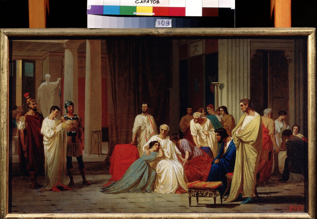 ""Roomalaisen senaattorin Publius Clodius Thrasea Paetuksen kuolemantuomion lukeminen vuonna 66 jKr tekijältä Fedor Andreevich Bronnikov