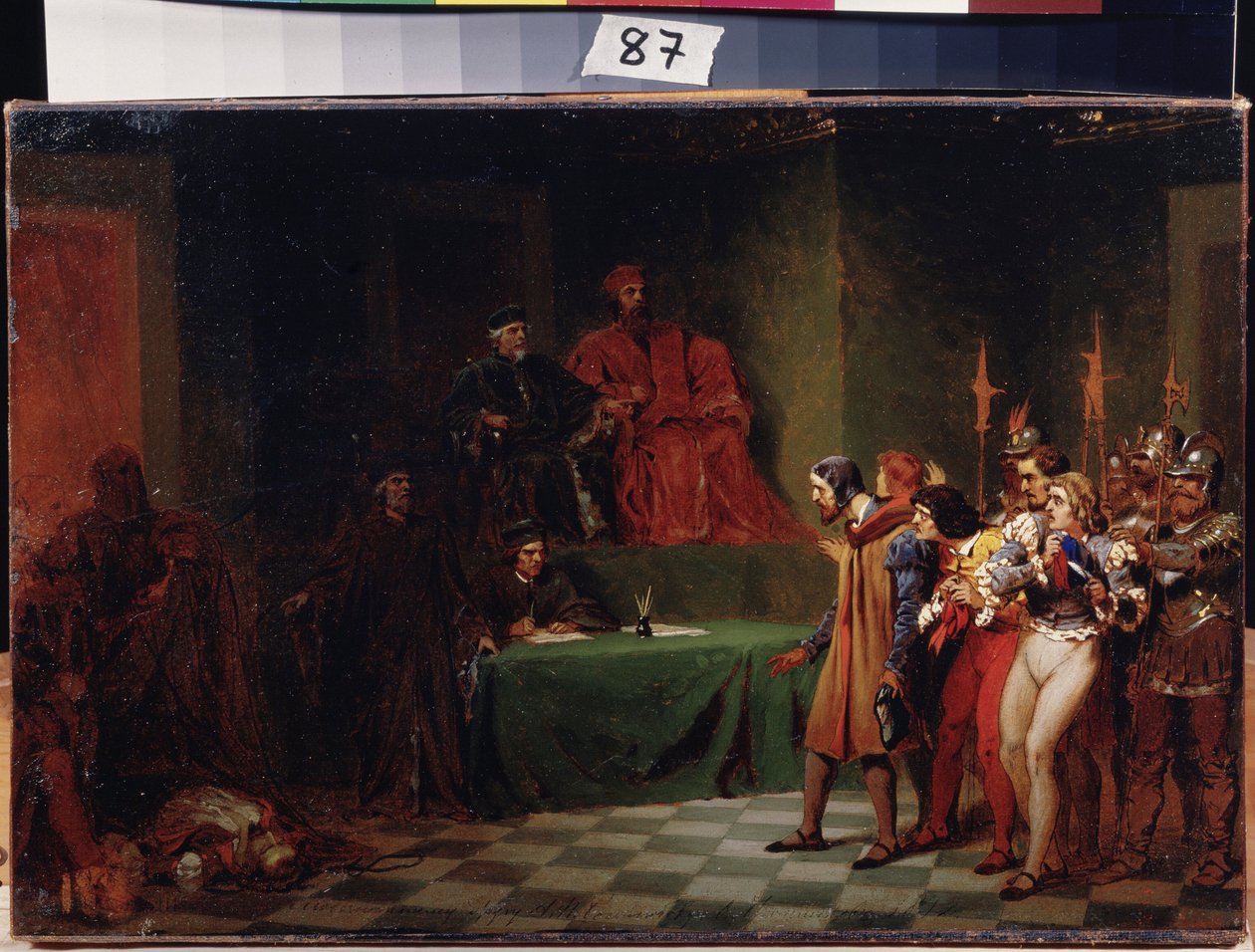 Mosaiikkitaiteilijat ennen kolmen hengen neuvostoa Venetsiassa (Italia) (Mosaiikkitaiteilijat ennen kolmen hengen neuvostoa Venetsiassa). Feodor Andrejevitš Bronnikovin (1827-1902) maalaus. Öljy kankaalle, ennen 1886, 25,5 x 37,5 cm, venäläistä taidetta. V tekijältä Fedor Andreevich Bronnikov