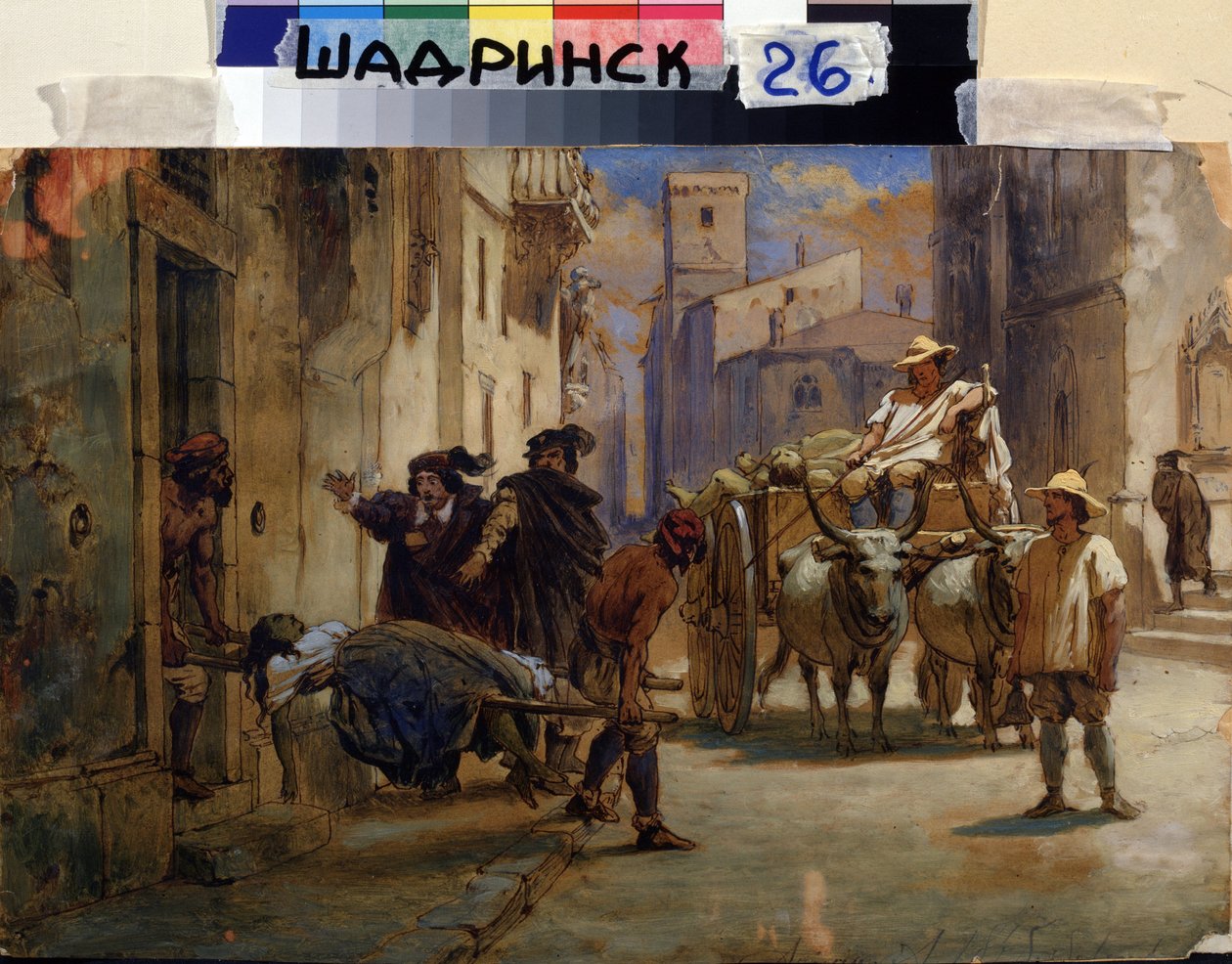 Epidemian aikana. Paarien kantajat poistavat kuolleen naisen ruumista talosta laittaakseen sen kärryyn muiden ruumiiden kanssa. Feodor Andrejevitš Bronnikovin (1827-1902) maalaus. Öljy pahville, 21,8 x 33 cm, venäläistä taidetta tekijältä Fedor Andreevich Bronnikov
