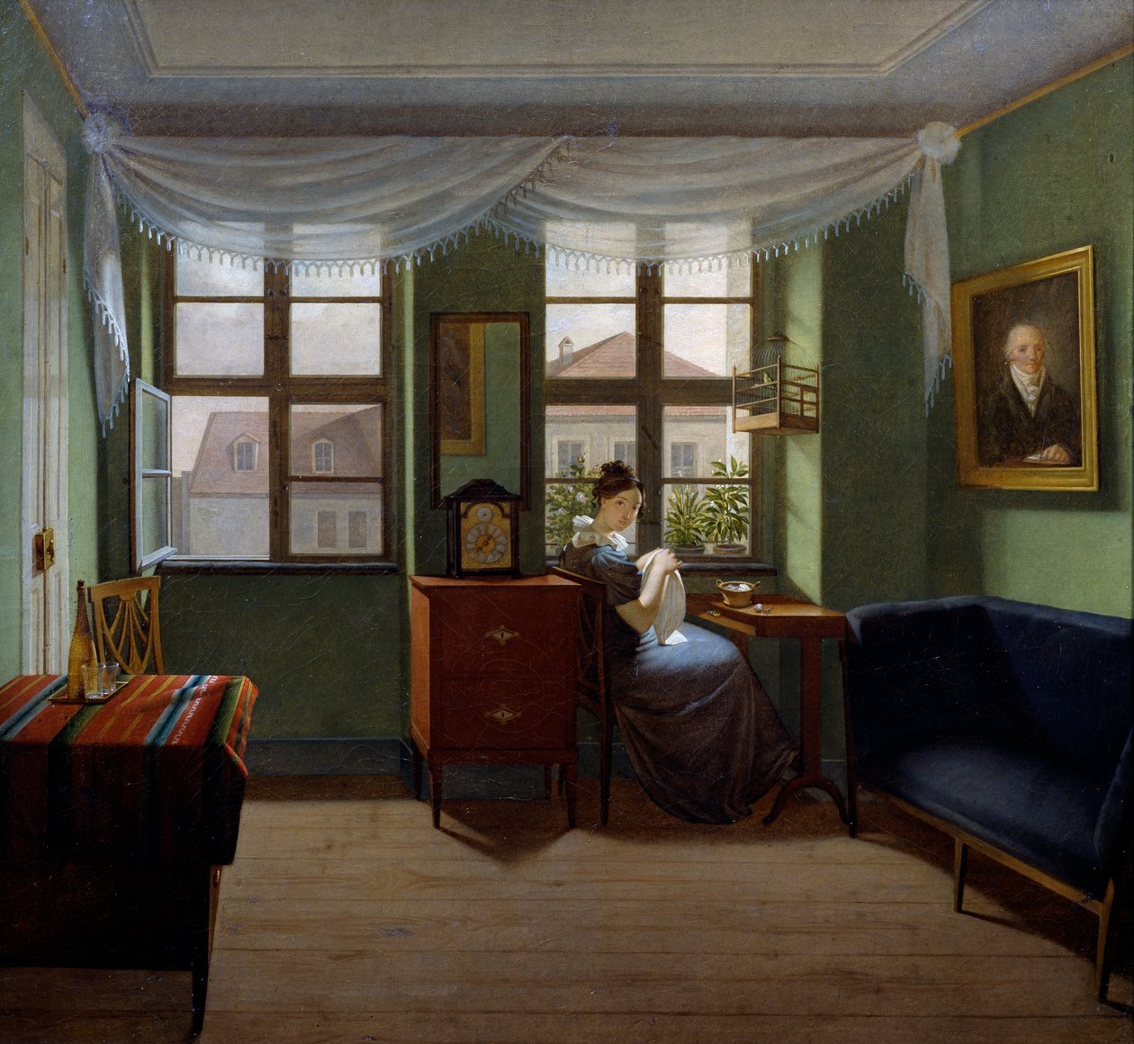 Ompelu, Fjodor Tolstoin (1783-1873) maalaus, öljy kankaalle, 42x46, 8 cm tekijältä Fedor Petrovich Tolstoy