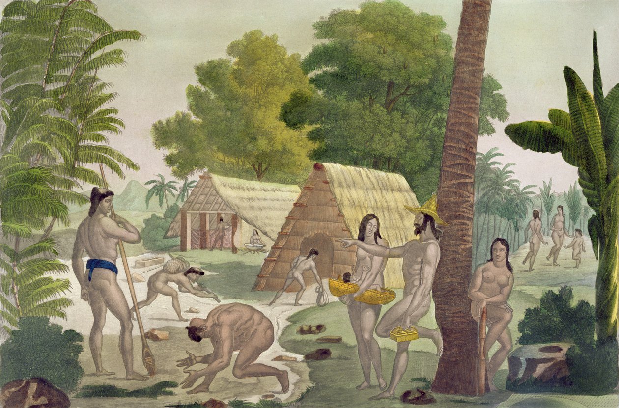 Mariaanisaarten asukkaiden tapoja, levy 28 Jules Ferrarion teoksesta "Le Costume Ancien et Moderne", julkaistu noin 1820-30-luvulla tekijältä Felice Campi