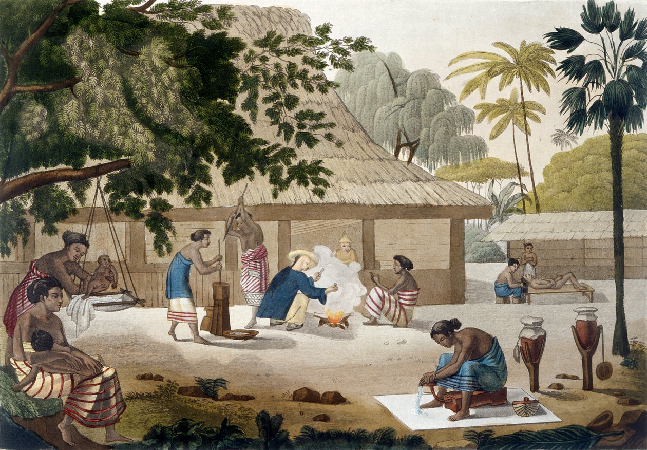 Kotielämää Kupangissa, Timorissa, levy 10 Jules Ferrarion teoksesta "Le Costume Ancien et Moderne", julkaistu noin 1820-30-luvulla tekijältä Felice Campi