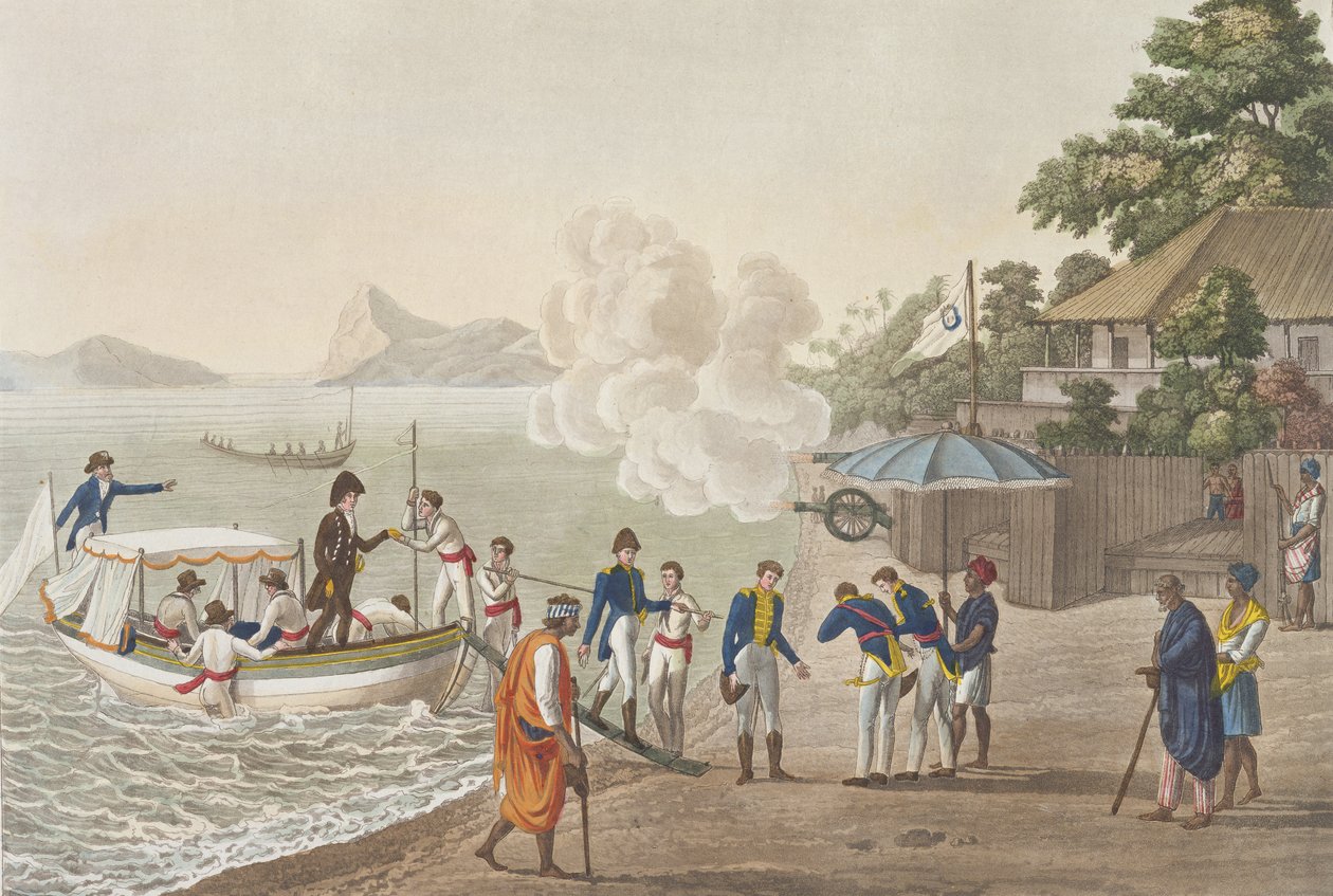 Ranskalaisten ensimmäinen maihinnousu portugalilaisten etuvartioasemalla Dillessä, Timorissa, levy 5 Jules Ferrarion teoksesta "Le Costume Ancien et Moderne", julkaistu noin 1820-30-luvulla tekijältä Felice Campi