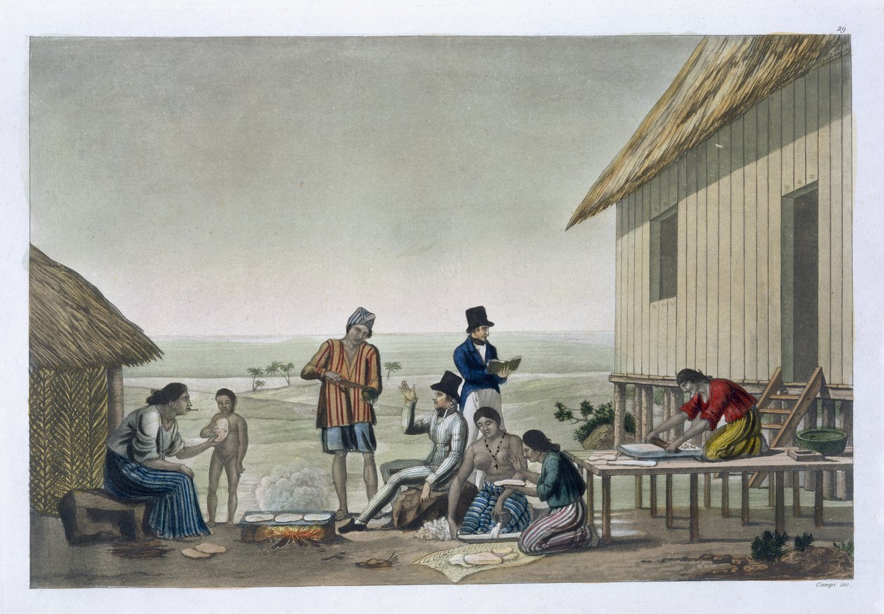 Agagnan kansan ammatit, Marianasaaret, levy 29 Jules Ferrarion teoksesta "Le Costume Ancien et Moderne", julkaistu noin 1820-30-luvulla tekijältä Felice Campi