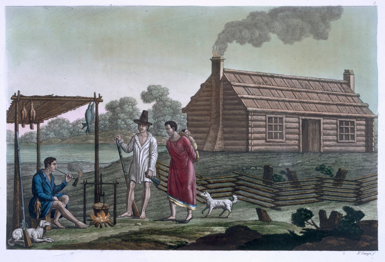 Osagen asutus lähellä Missouri-jokea, Jules Ferrarion "Le Costume Ancien et Moderne", osa 1 tai 2, levy 3, julkaistu noin 1820-30-luvulla tekijältä Felice Campi