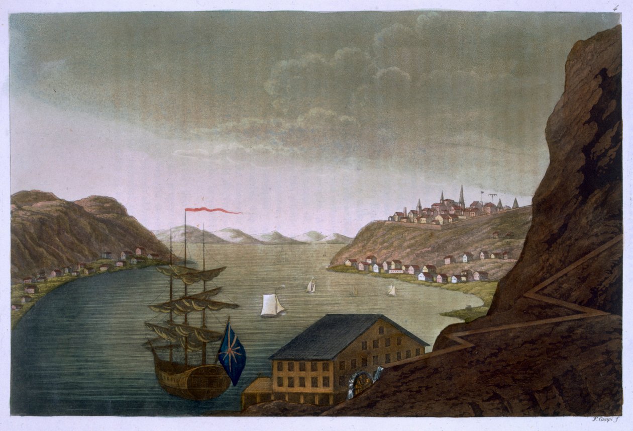 Quebec ja St. Lawrence River, levy 4 Jules Ferrarion Le Costume Ancien et Modernen osasta 1, julkaistu noin 1820-30-luvulla tekijältä Felice Campi