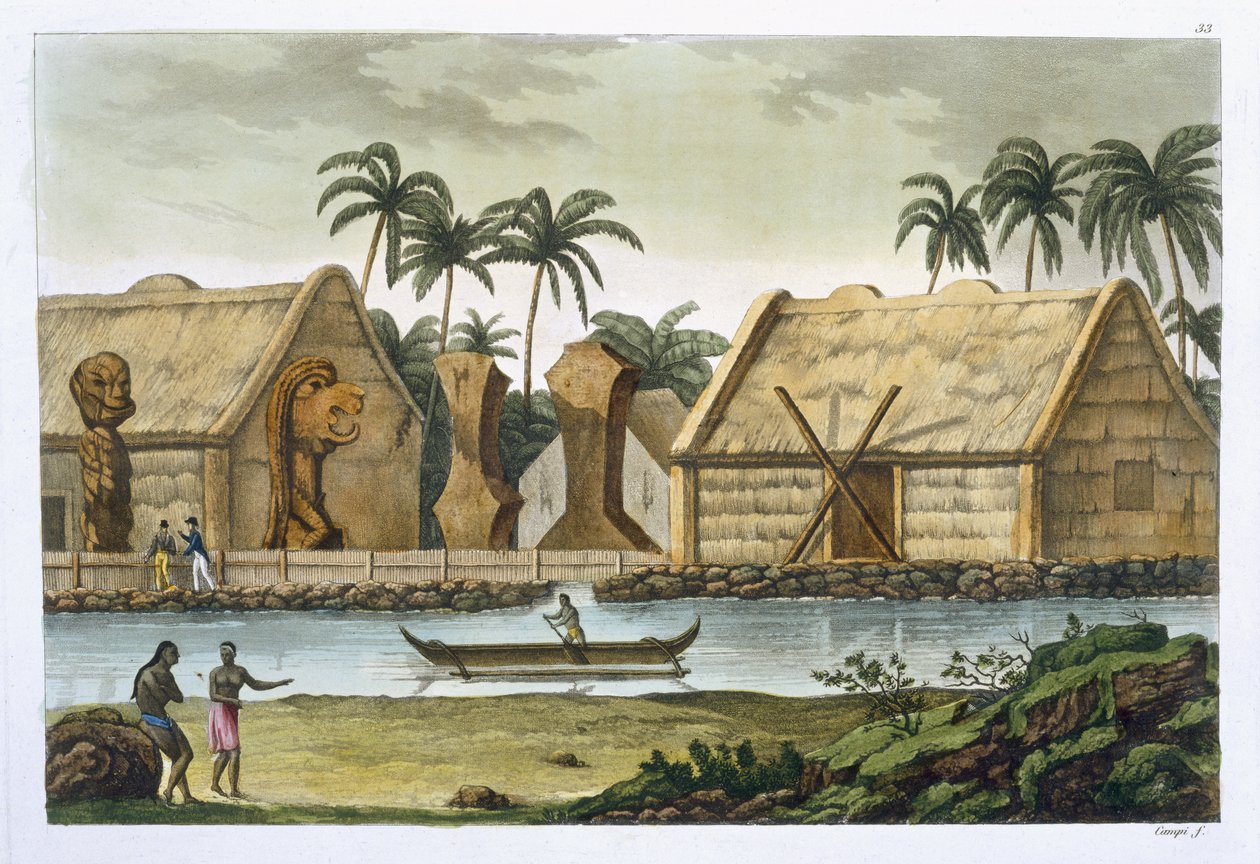 Tamahamahin hauta Kaiakakooassa, Sandwich Islands, levy 33 Jules Ferrarion "Le Costume Ancien et Moderne" -julkaisusta, julkaistu noin 1820-30-luvulla tekijältä Felice Campi
