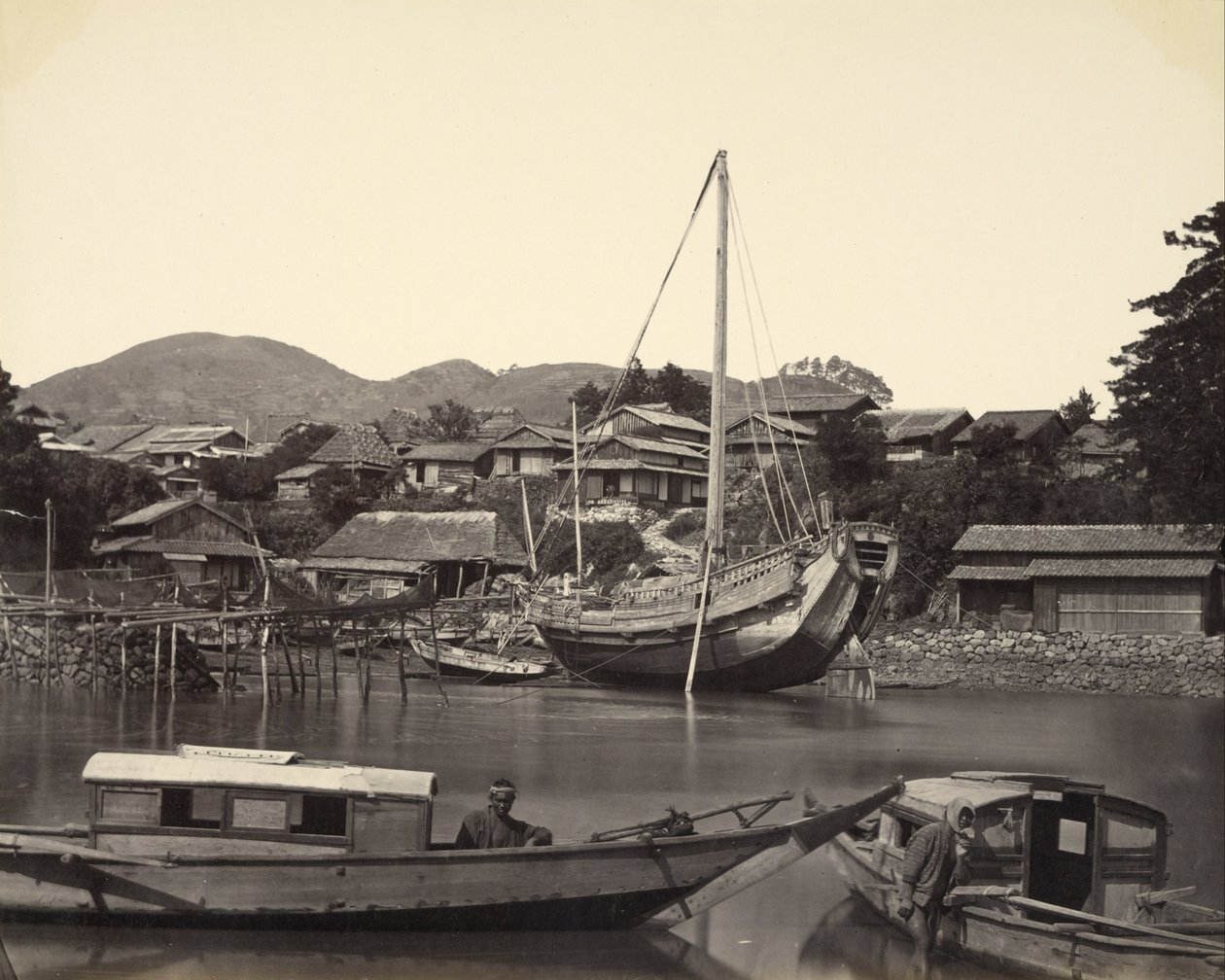 Veneitä kaupungissa River, Nagasaki tekijältä Felice Beato