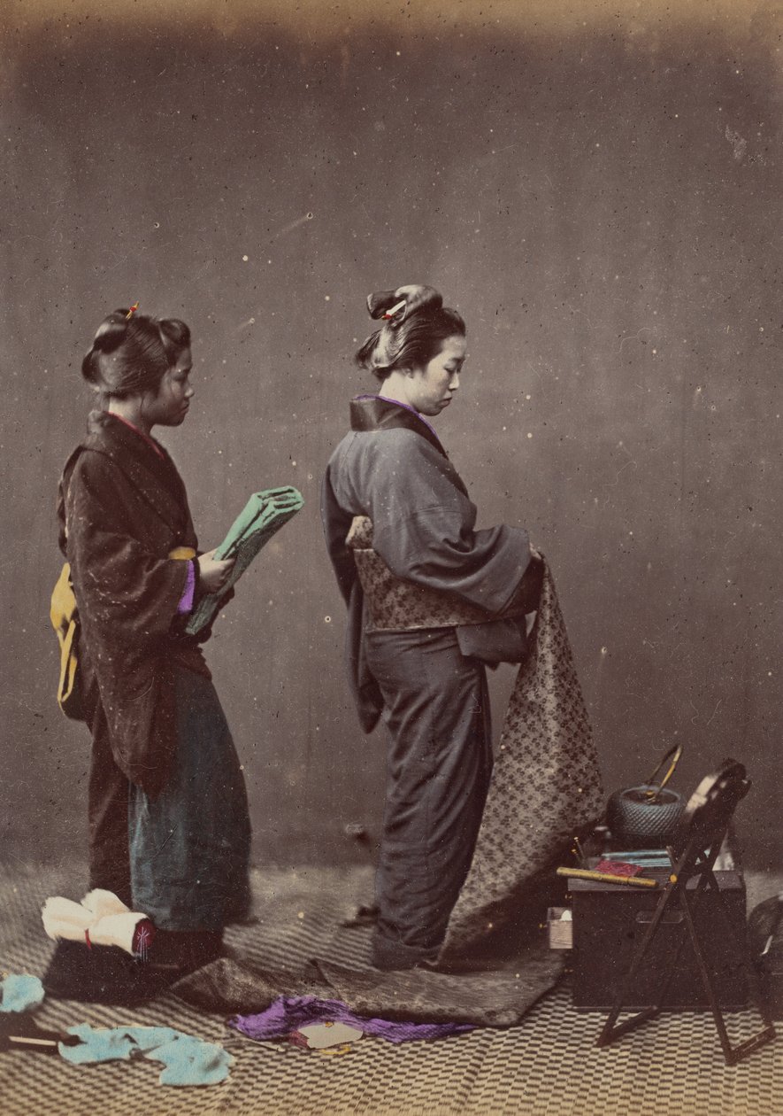 Obin tai vyön pukeminen, 1868. tekijältä Felice Beato
