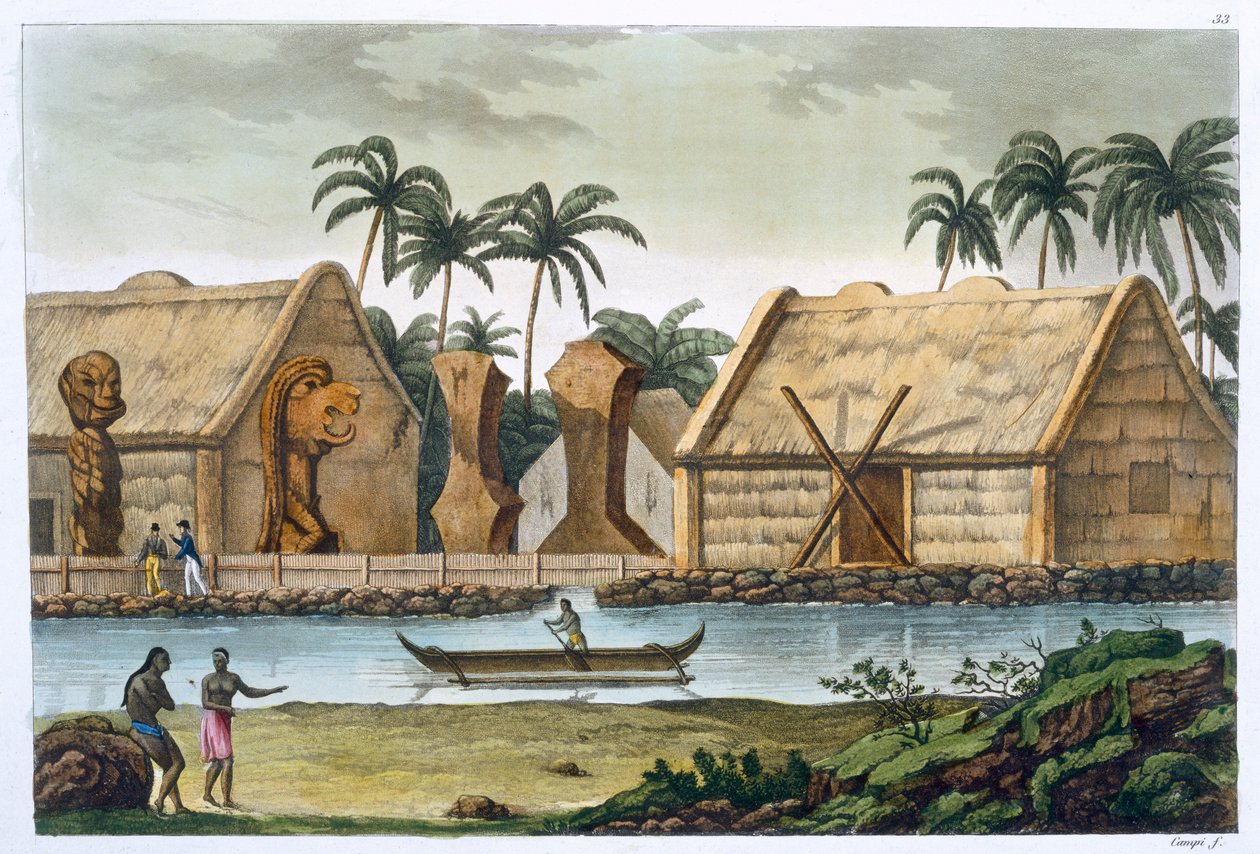 "Tamahamahin hauta Kaiakakooassa, Sandwichsaaret", c1820-1839 tekijältä Felice Campi