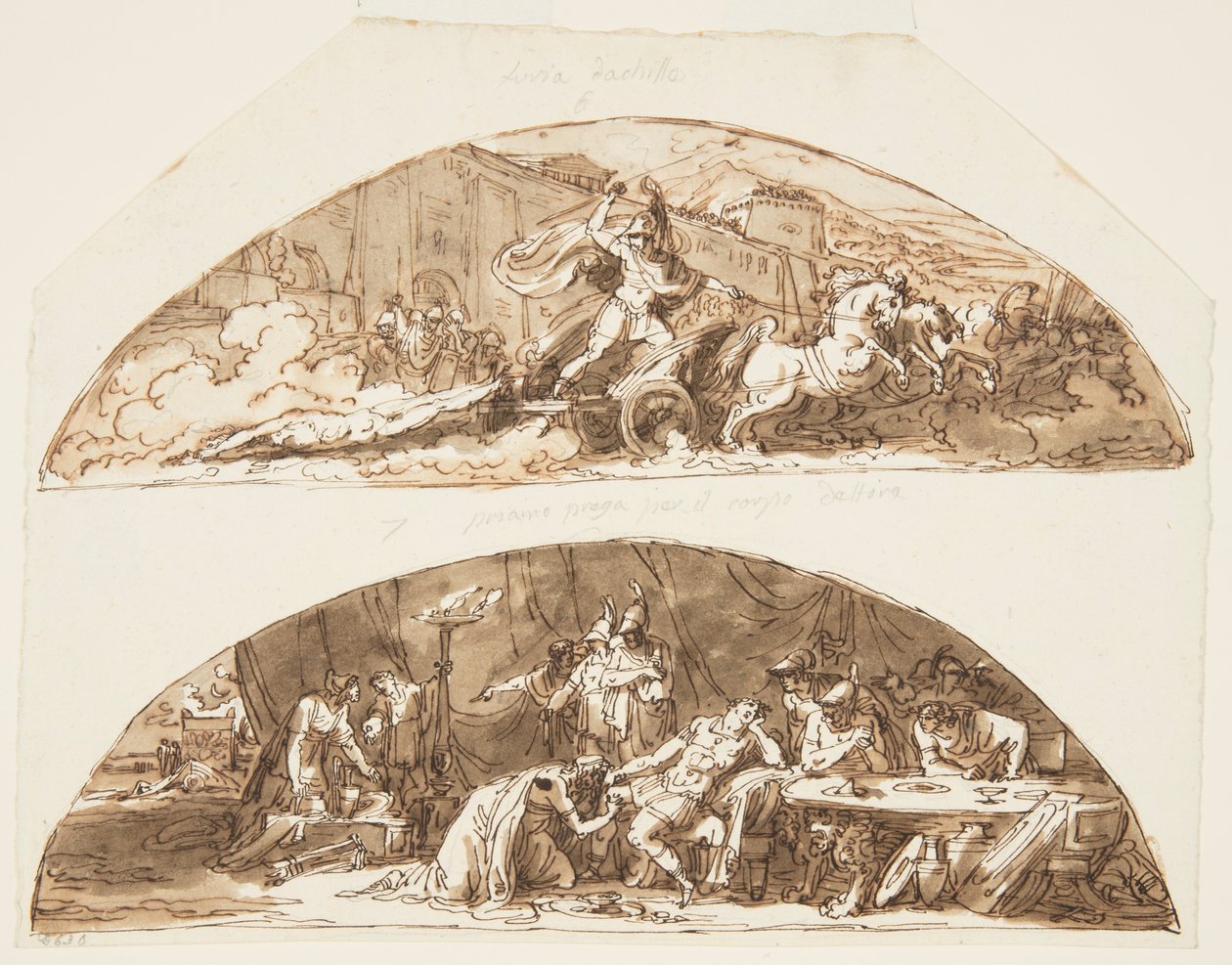 Akhilleus vetää Hektorin ruumista Troijan muurien ympärille, Priam rukoilee Hektorin ruumista, Kattosuunnitelmat Galleria di Achillelle, Palazzo Milzetti, Faenza, Italia tekijältä Felice Giani