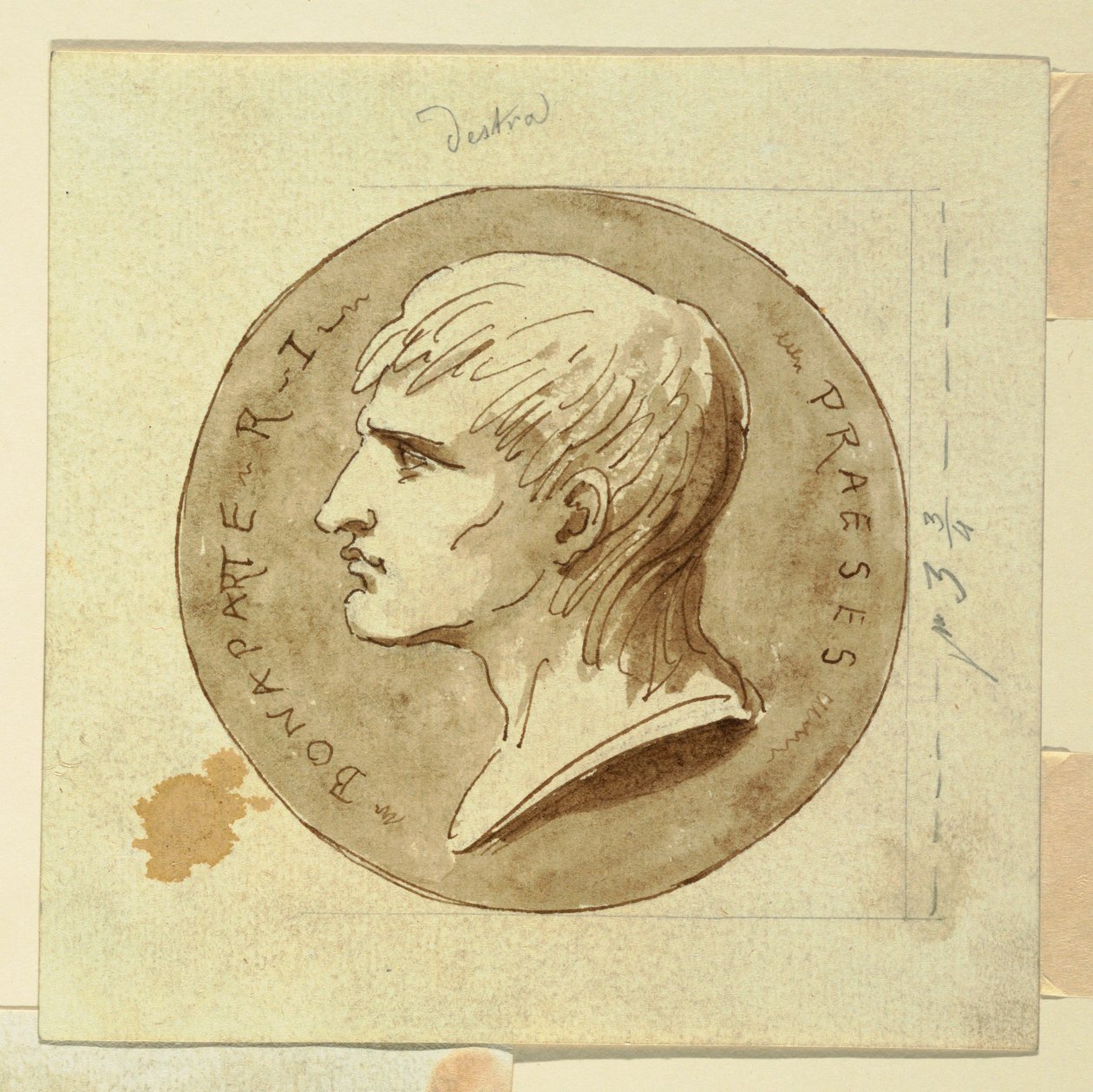 Piirros, Napoleon Bonaparten mitali Italian tasavallan presidenttinä, kääntöpuolella; Hebe antaa kuolemattomuuden Herkuleksen vaununkuljettajalle, 1802-04. tekijältä Felice Giani