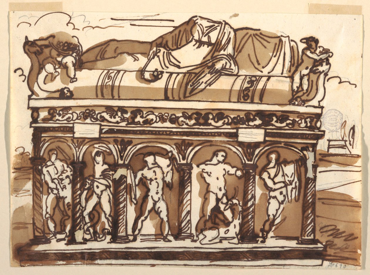 Piirros, Roomalainen sarkofagi Vatikaanin museossa, n. 1820. tekijältä Felice Giani