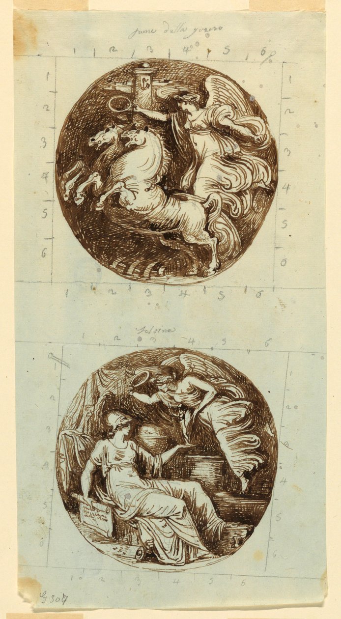 Piirros, Siivekäs voitto vaunuilla; Siivekäs voitto kruunaa Minervan; kaksi pyörökaiverrusta, n. 1805. tekijältä Felice Giani
