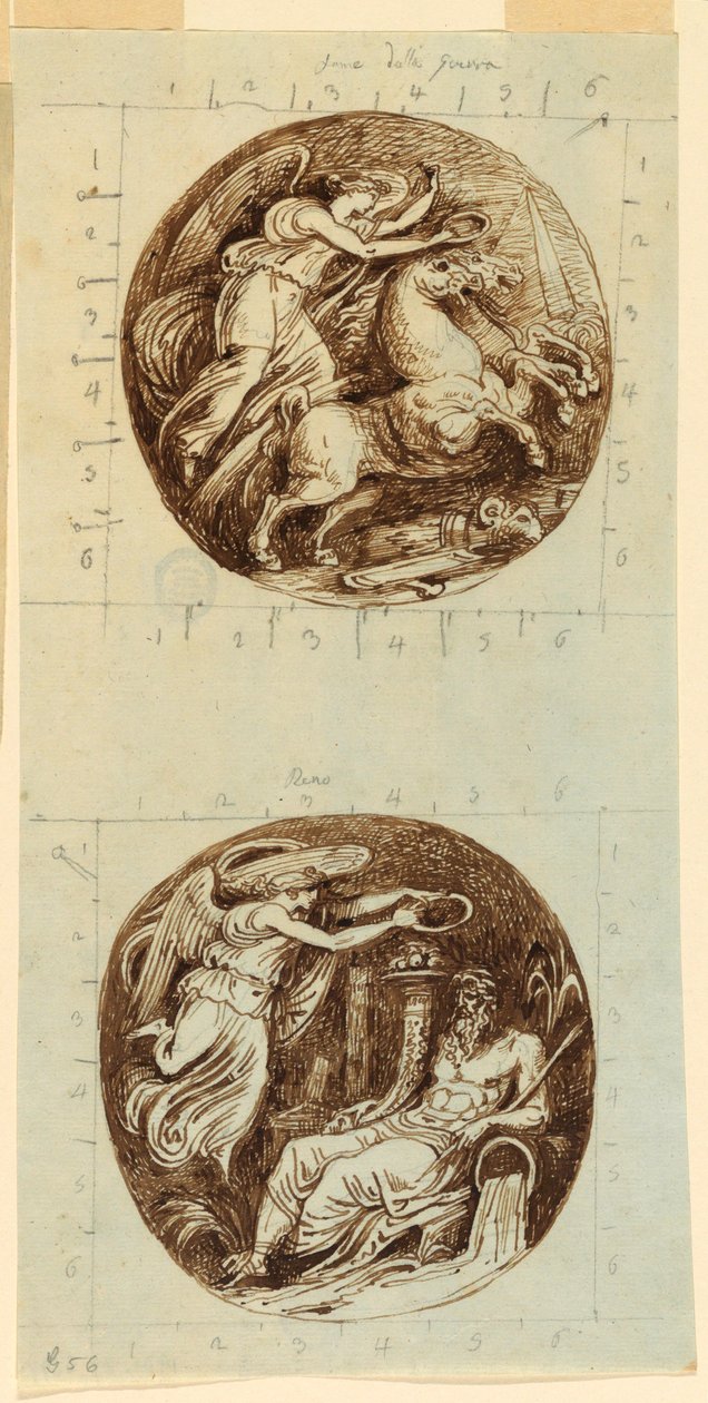 Piirros, Siivekäs voitto vaunuilla; siivekäs voitto kruunaa jokijumalan, Reno; kaksi pyörökaiverrusta, n. 1805. tekijältä Felice Giani