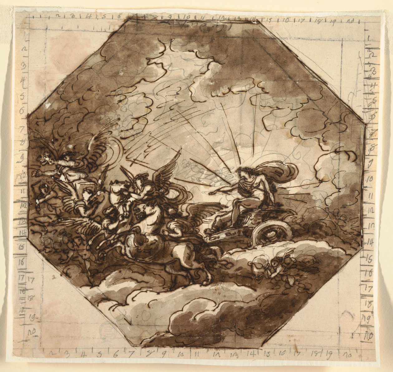 Piirros, Apollo vaunuissaan Auroran kanssa, Sala Ottogonale, Palazzo Milzetti, Faenza, 1804-05. tekijältä Felice Giani