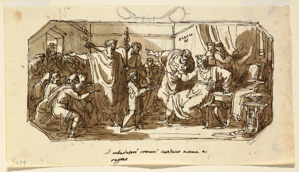 Piirustus, kattosuunnittelu: Numa Pompilius Rooman hallitsijaksi, Sala di Numa Pompilio, Palazzo Milzetti, Faenza, 1802-05. tekijältä Felice Giani