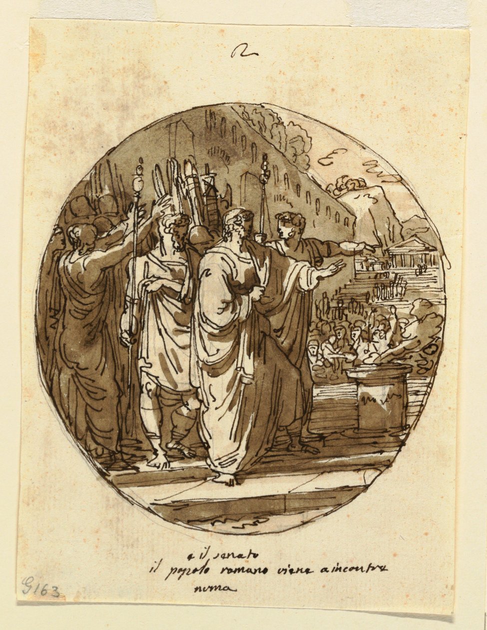 Piirustus, Kattosuunnitelma Numa Pompiliuksen tervetulleeksi toivottamista Roomaan valintansa jälkeen, Sala di Numa Pompilio, Palazzo Milzetti, Faenza, 1804-05. tekijältä Felice Giani