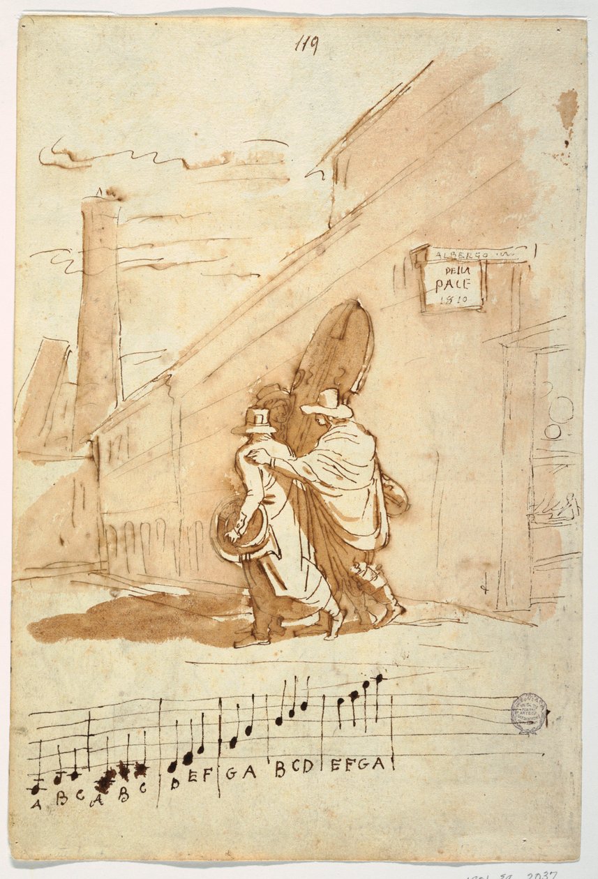 Piirustus, Recto:  Pace -ravintolan edessä, 1810, 1810. tekijältä Felice Giani