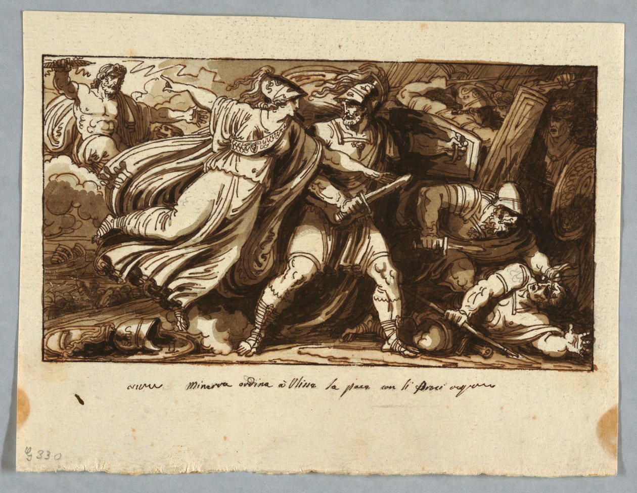 Piirustus, Sheet from a Sketchbook: Minerva käskee Odysseusta tekemään rauhan Penelopen kosijoiden kanssa (Minerva induce Ulisse alla pace con i Proci), ennen vuotta 1805. tekijältä Felice Giani